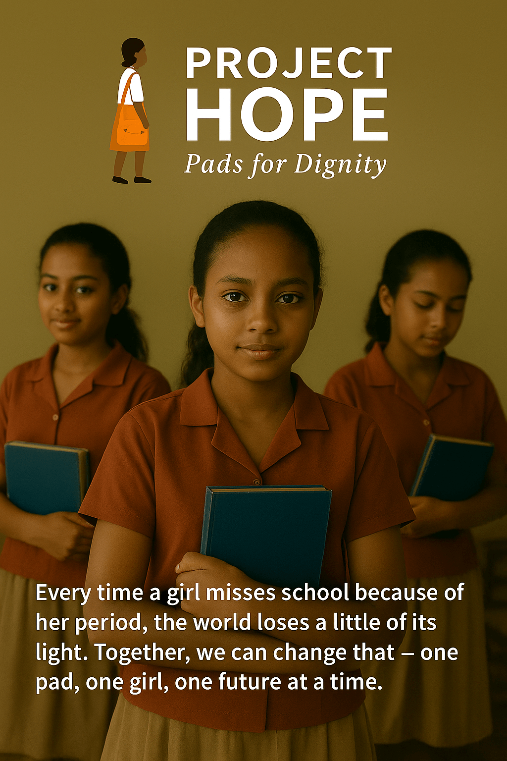 Three schoolgirls holding textbooks, representing hope and dignity.